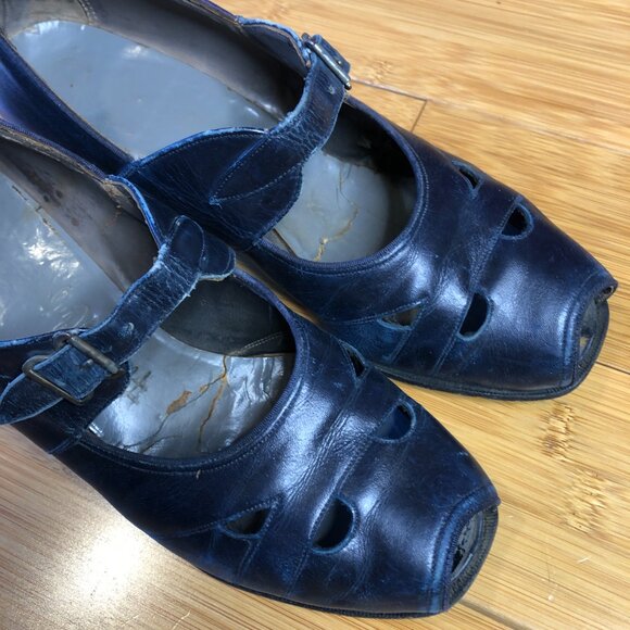 Womens sz 9 Navy Vintage Super Comfy Dancing Open Toe Baby Doll Swing Dance Peep - Picture 10 of 12